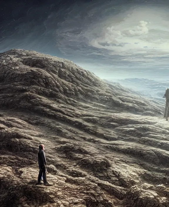 Prompt: stephen hawking on a desolate hilltop, by hr giger and beksinski and stephan martiniere, 4 k resolution, detailed, 3 d render, unreal engine, octane render, trending on artstation