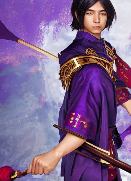 Image similar to An epic fantasy comic book style portrait painting of teenager boy with straight indigo hair, purple eyes with red eye markers, slim body, wearing a detailed Japanese kimono with golden armor pieces, holding a japanese fan. Unreal 5, DAZ, hyperrealistic, octane render, cosplay, RPG portrait, dynamic lighting