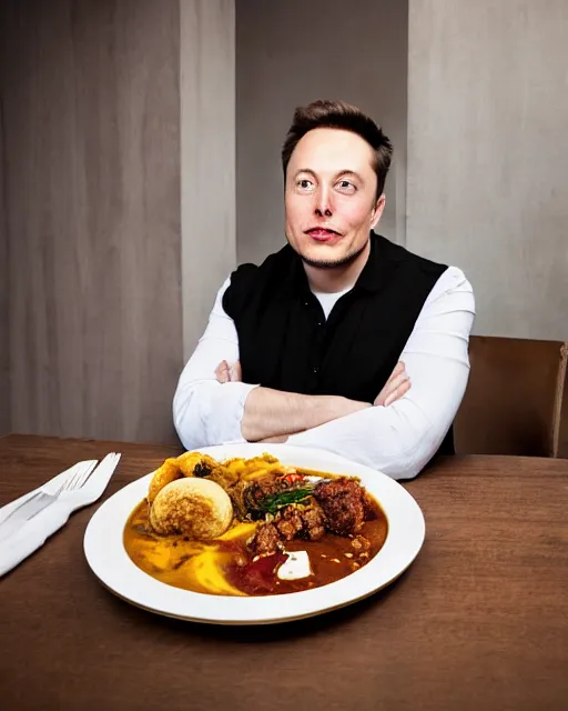 Image similar to a portrait of elon musk sitting at the dining table with a plate containing idli and sambar in front of him, highly detailed, trending on artstation, bokeh, 9 0 mm, f / 1. 4