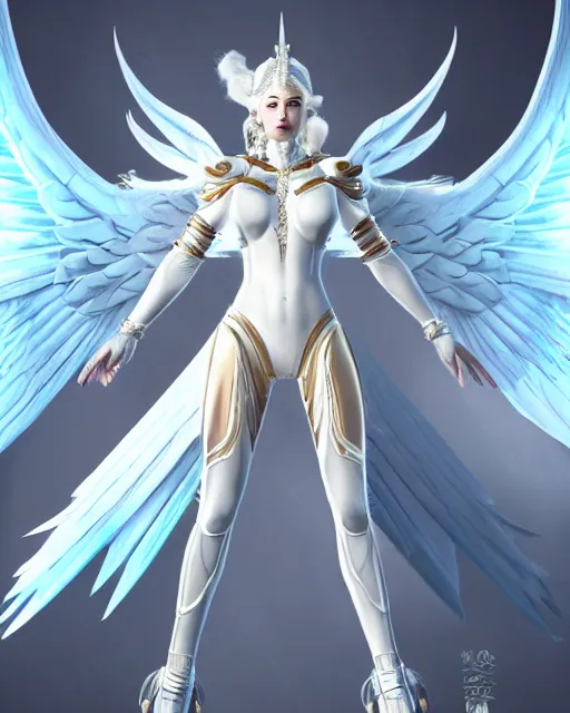 Image similar to perfect ornate white haired attractive egyptian goddess with huge white dove wings, warframe armor, beautiful, symmetric, dreamy, half asian, pretty face, blue eyes, detailed, scifi platform, laboratory, experiment, 4 k, ultra realistic, epic lighting, android body, illuminated, cinematic, masterpiece, art by akihito tsukushi, voidstar