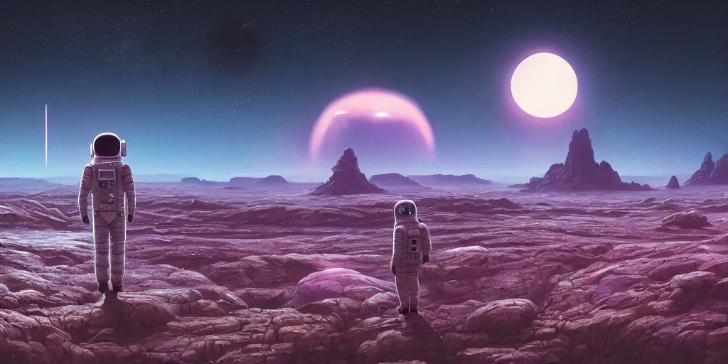 Prompt: a lonely astronaut overlooking at an amazing alien landscape, digital art, breathtaking, extremely detailed, establishing shot, hyperrealistic, dynamic lighting, particles, unreal engine, simon stålenhag, rendered by Beeple, Makoto Shinkai, syd meade, simon stålenhag, Ruan Jia, Kentaro Miura, environment concept, trending on artstation, octane render, 4K UHD image