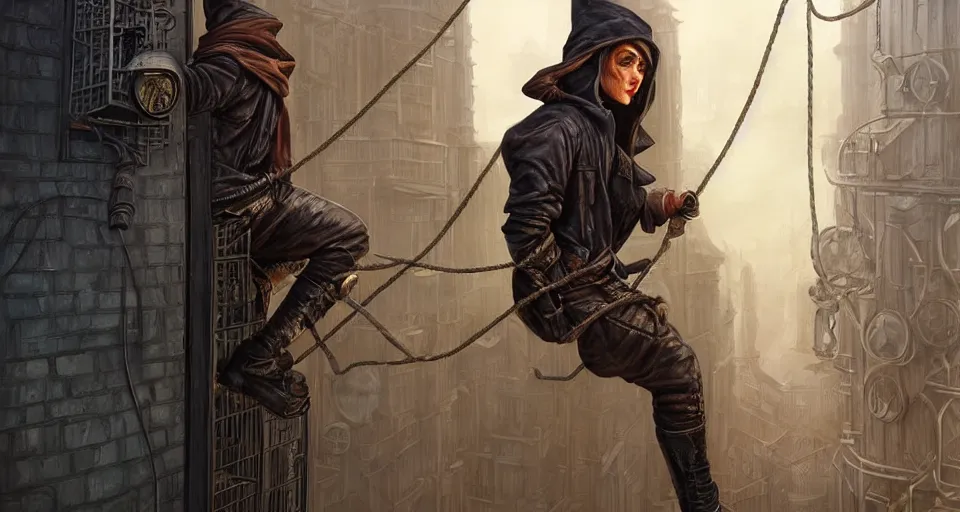 Image similar to landscape painting of a hooded thief in leathers using a rope to climb a tall metal steampunk buildings within a fantasy city which has walkways and lit windows, fine details, magali villeneuve, artgerm, rutkowski