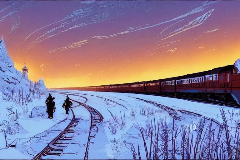 Image similar to trans - siberian express train illustration by joe fenton and syd mead and p. craig russell and barry windsor - smith, artstation, 4 k, graphic novel, concept art, matte painting, beautiful russian winter landscape sunset background, golden hour, art nouveau