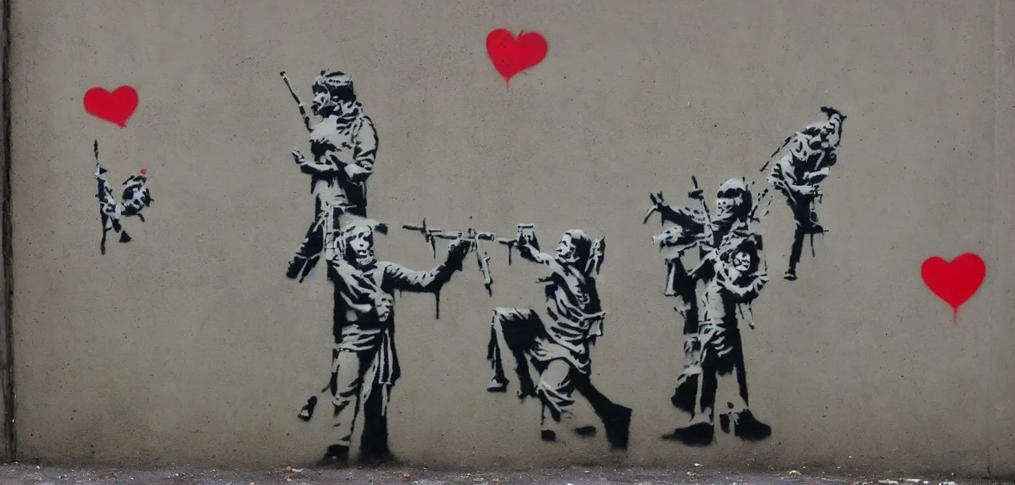 Image similar to love war and apocalypse, banksy, street art