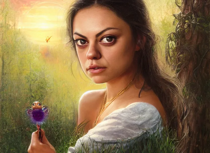 Image similar to big-eyed surprised Mila Kunis staring intensely into the camera, sundown golden hour firefly wisps, Lilia Alvarado, Sophie Anderson, Mark Arian, Bob Byerley, Charlie Bowater, Mark Brooks, Steve Henderson, Justin Gerard, Arthur Hughes, Edward Robert Hughes, Mark Keathley, Victor Nizovtsev, Carlos Shwabe, Ross Tran, WLOP