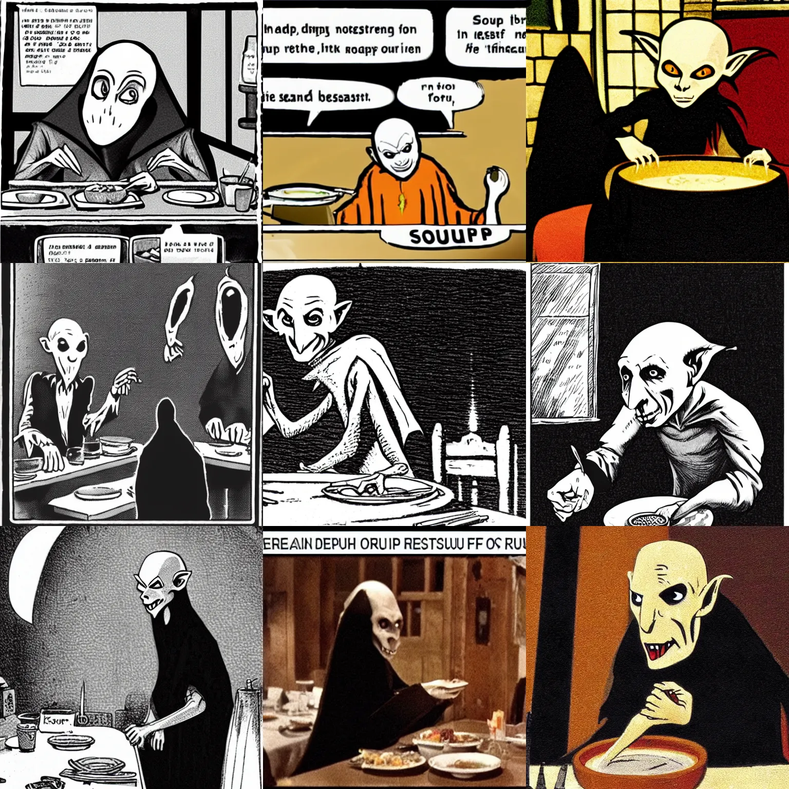 Prompt: Nosferatu ordering soup at a restaurant