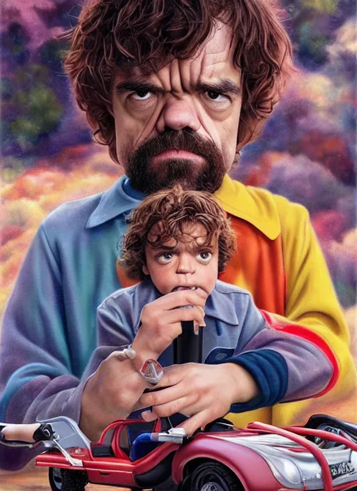 Image similar to ultrawide angle colour portrait masterpiece photography of peter dinklage driving a little tikes crazy coupe by annie leibovitz michael cheval miho hirano moebius josh kirb