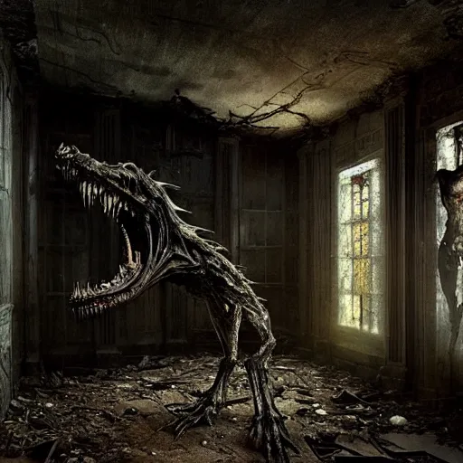 Image similar to bloody demonic snarling horror creature, inside an old abandoned house, backlit, extremely detailed digital matte painting by Greg Rutkowski and H.R. Giger