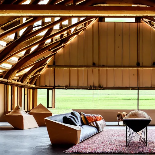 Prompt: interior view of modern futuristic farm barn architecture, cows on sofas pigs in hammocks chickens in lounge chairs, modern interior design, throw pillows, areas rugs, feed troughs, hay, detailed luminescent oil painting 4 k