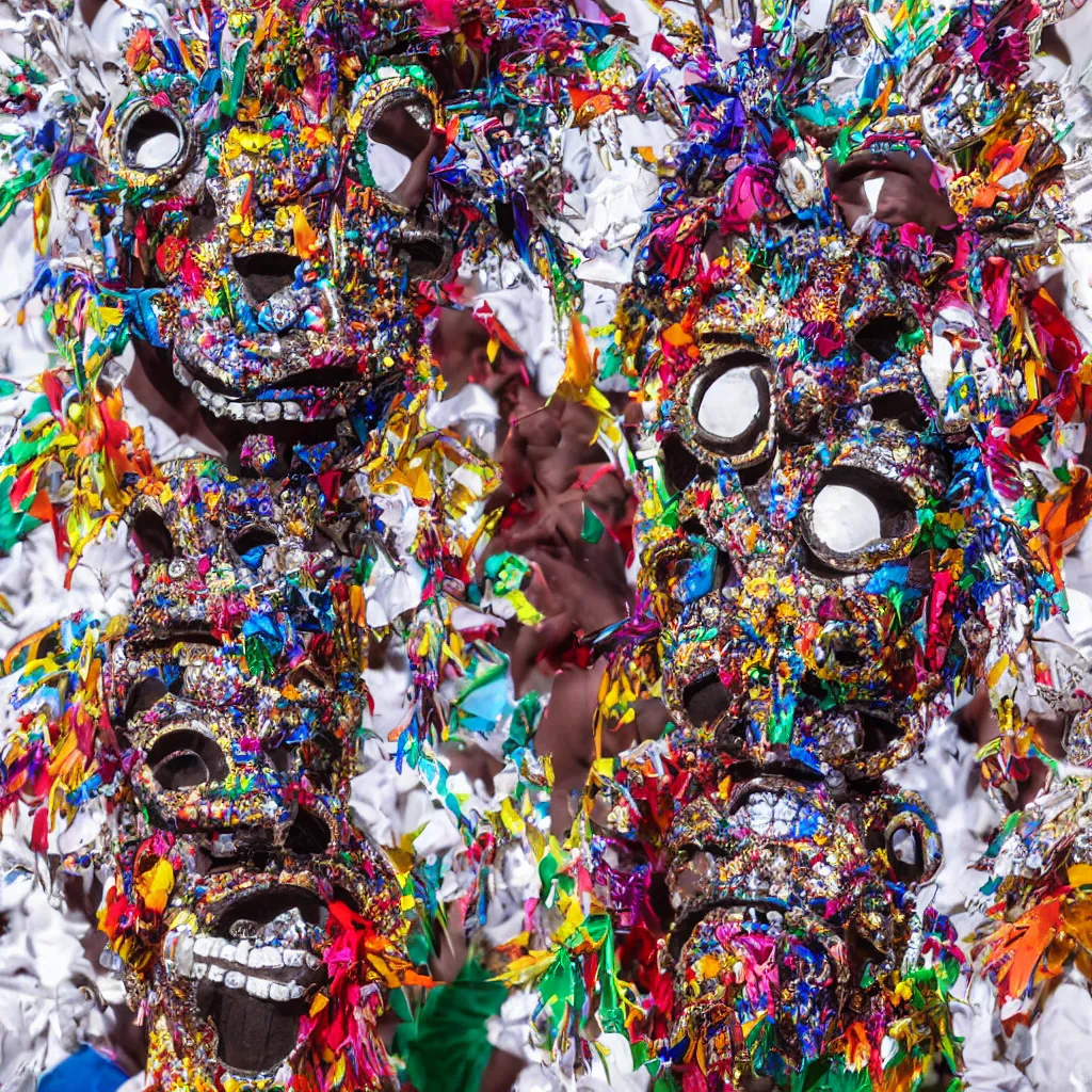 Prompt: Maya render of colorful - Burkina Faso Sancri Mask Festival - masquerade,Costume embellished with chrome and tooth crown cork bottle caps,Wearing Puma RS-Z sneakers,White backdrop,Concept Art - Gareth Davies - Stanley_X52,