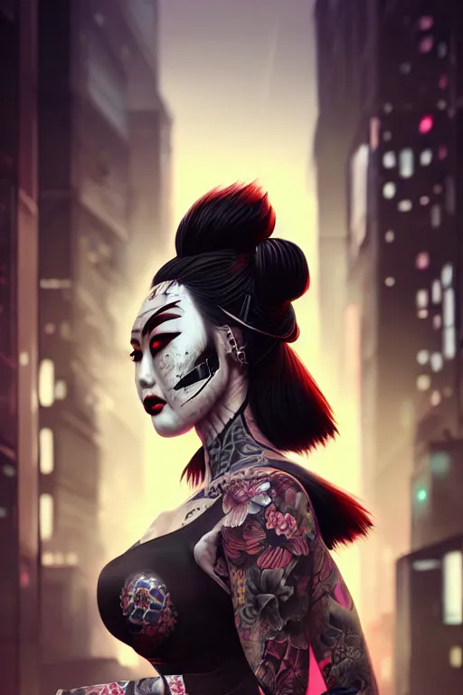 Image similar to ebony asian geisha yakuza gothic cyborg, cyberpunk city, urban decay, decay, underworld, dark art, highly detailed, digital painting, octane render, artstation, concept art, smooth, sharp focus, illustration, art by artgerm, loish, wlop