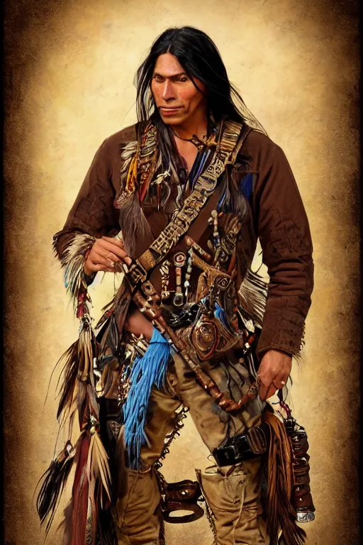 Prompt: fantasy western character portrait of a thin native american indian man in his early 3 0 s, wearing traditional cargo buckskin jacket buckskin tactical toolbelt pockets bandolier full of trinket and baubles, steampunk arcane shaman, deadlands, weird west, by steve henderson, sandra chevrier, alex horley