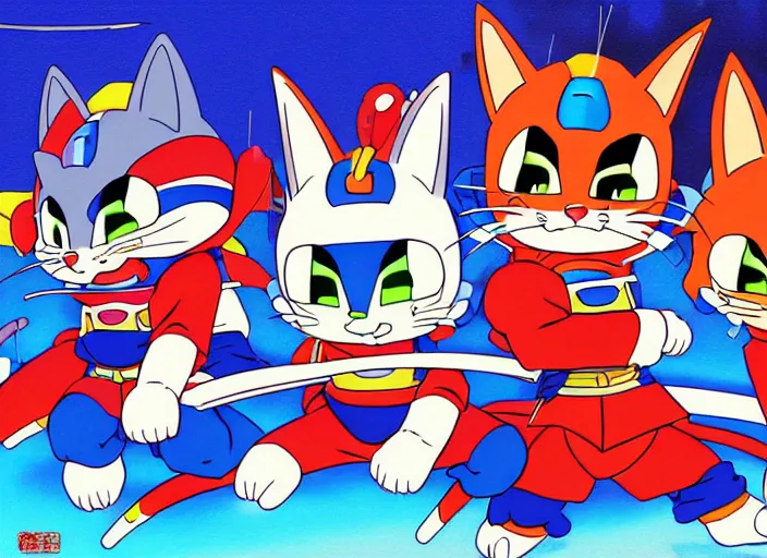 Prompt: samurai pizza cats, digital painting masterpiece, by ryan ottley and mœbius and hayao miyazaki and akira toriyama, 4 k wallpaper trending on pixiv