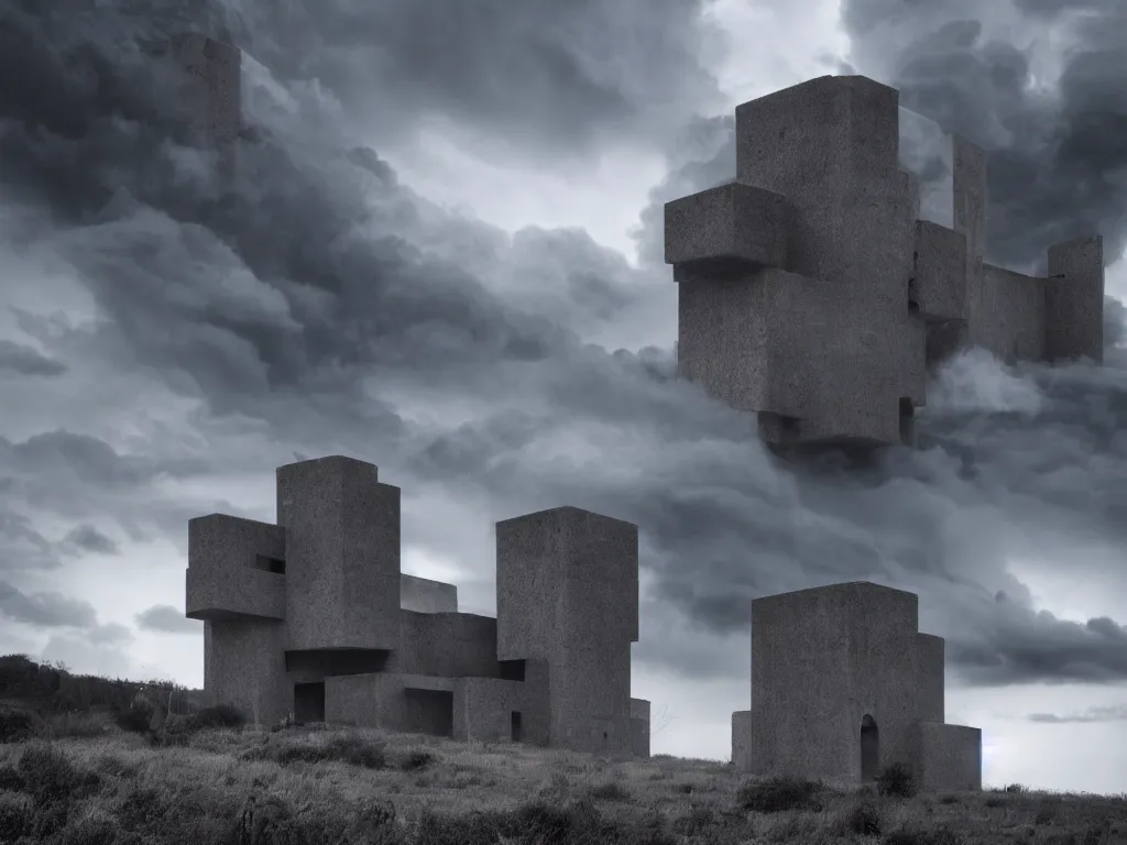 Prompt: photo of a brutalist cathedral built over a hill, in the middle of a storm. realistic clouds that resemble levitating large rocks. impressive, magical, very atmospheric, cinematic, deep, very high complexity, stunning, dramatic masterpiece, iridescent, chiaroscuro, romantic, very detailed. 4 k