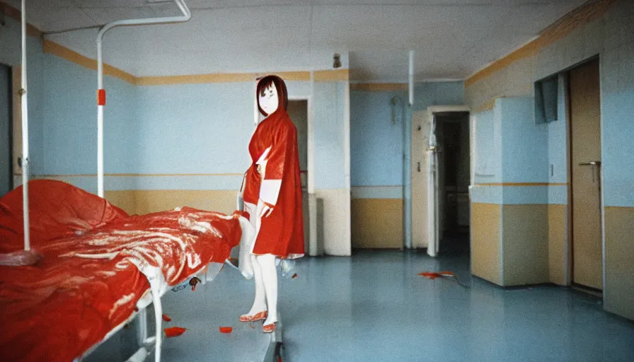 Prompt: 60s movie still of a white japanese female phantom bloody in an empty soviet stalinist style hospital with yellow tiles floor with light blue beds, cinestill 800t 35mm technicolor, heavy grain, high quality, higly detailed, liminal space