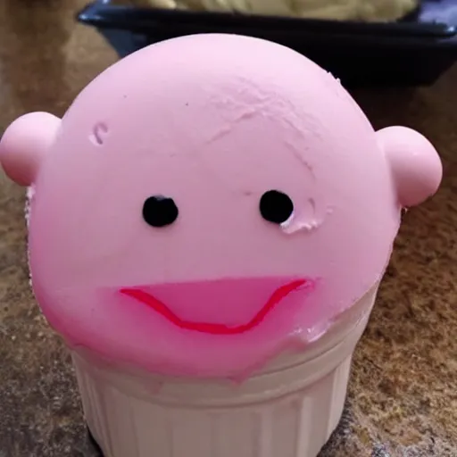 Prompt: depressed pink ice cream, has a face that is upset and crying, looks delicious