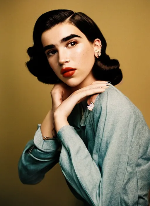 Prompt: kodak portra 4 0 0, 8 k, highly detailed, britt marling style 3 / 4 photographic close - up face of a beautiful dua lipa with 1 9 5 0 s hairstyle, 1 9 5 0, 1 9 5 0 s style, symmetrical, hasselblad x 1 d - 5 0 c, medium format. soft light