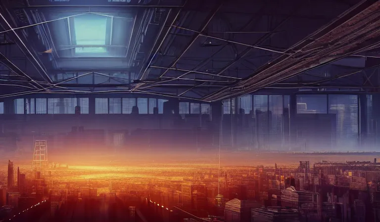 Image similar to crowd in simple warehouse, looking at hologram of futuristic city on a table, cinematic concept art, godrays, golden hour, natural sunlight, 4 k, clear details, tabletop model buildings, center model buildings, hologram center, crane shot, crane shot, crane shot