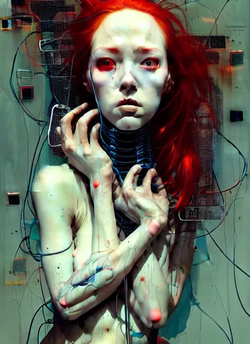 Prompt: beautiful redhead woman, cyberpunk dreams!, wires cybernetic implants!!, in the style of adrian ghenie, esao andrews, jenny saville, surrealism, dark art by james jean, takato yamamoto