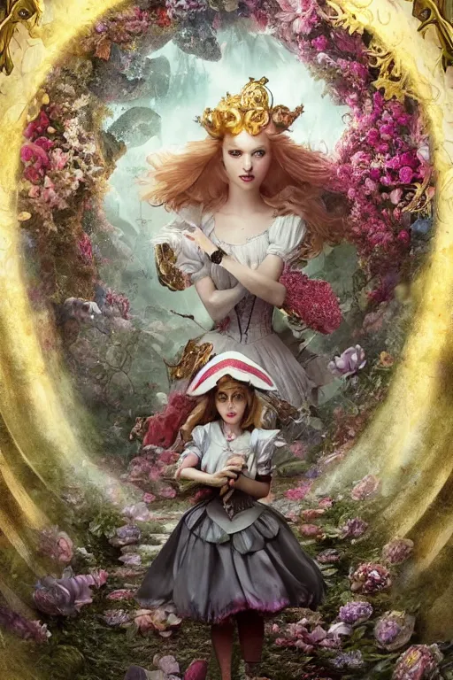 Image similar to poster of Alice in wonderland, Dark Souls 3 themed, surrounded by falling hearts and flower petals, insanely detailed and intricate, golden ratio, elegant, ornate, luxury, elite, ominous, haunting, matte painting, cinematic, cgsociety, James jean, Brian froud, ross tran, Laputa