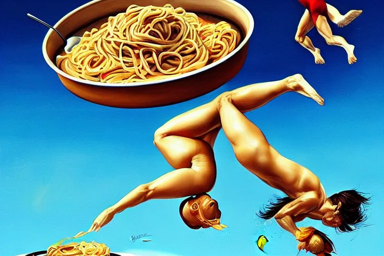 Image similar to olympic diving springoard, diver is diving head down into a dish of pasta, detailed surrealist art, artgerm