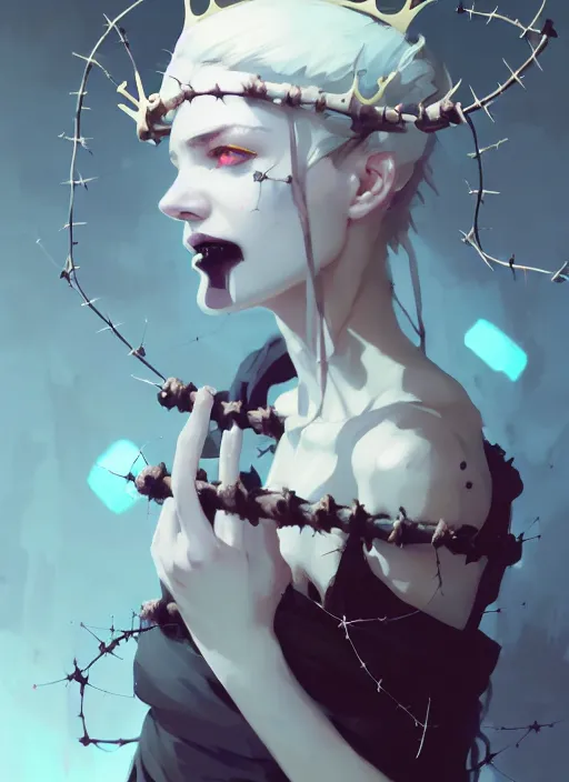 Prompt: portrait of cute goth maiden girl with crown of thorns and white short hairs, warhammer, cyberpunk, by atey ghailan, by greg rutkowski, by greg tocchini, by james gilleard, by joe gb fenton, by kaethe butcher, dynamic lighting, gradient light blue, brown, blonde cream and white color in scheme, grunge aesthetic