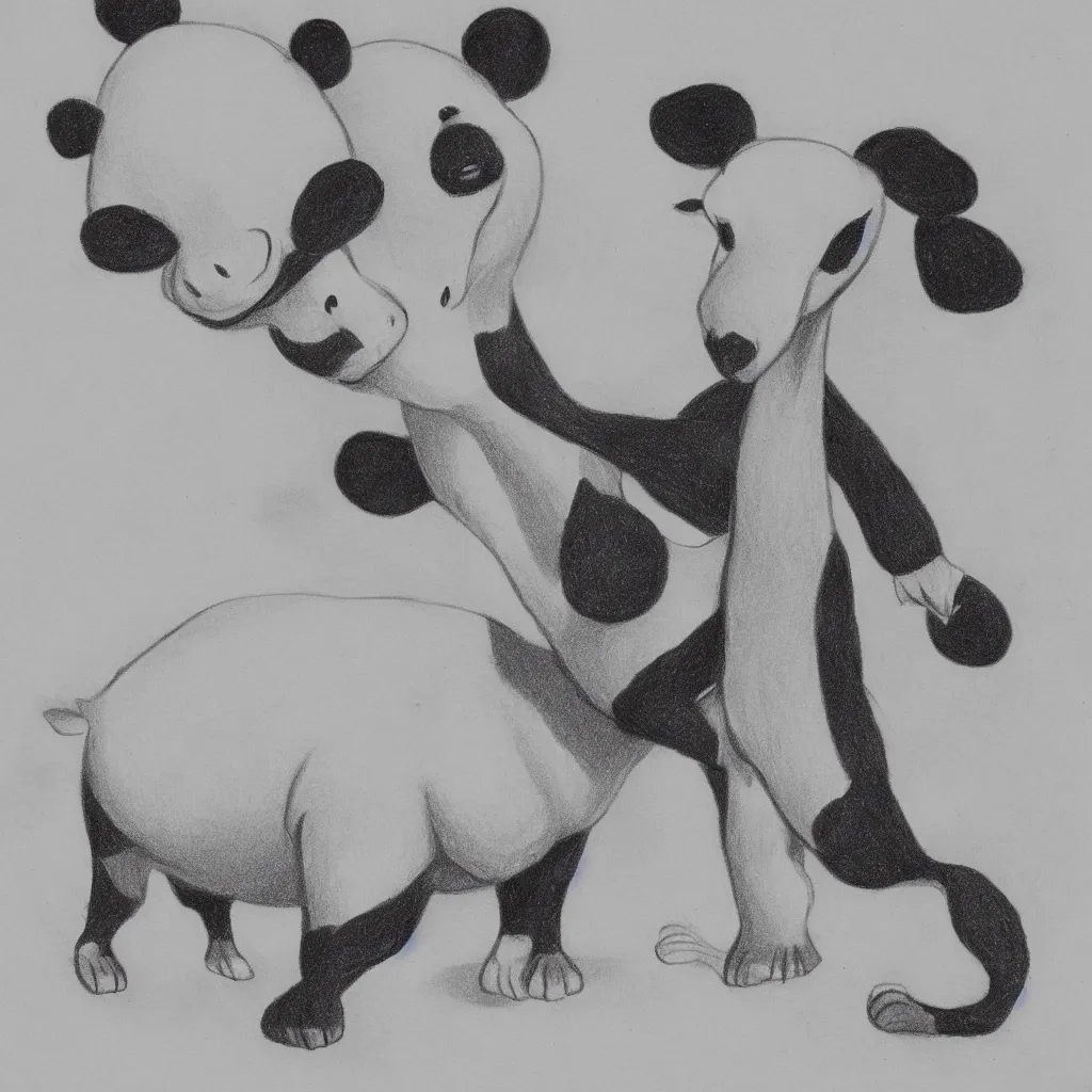 Prompt: drawing from 1 9 2 0's disney animation, white paper, black & white, fat panda giraffe