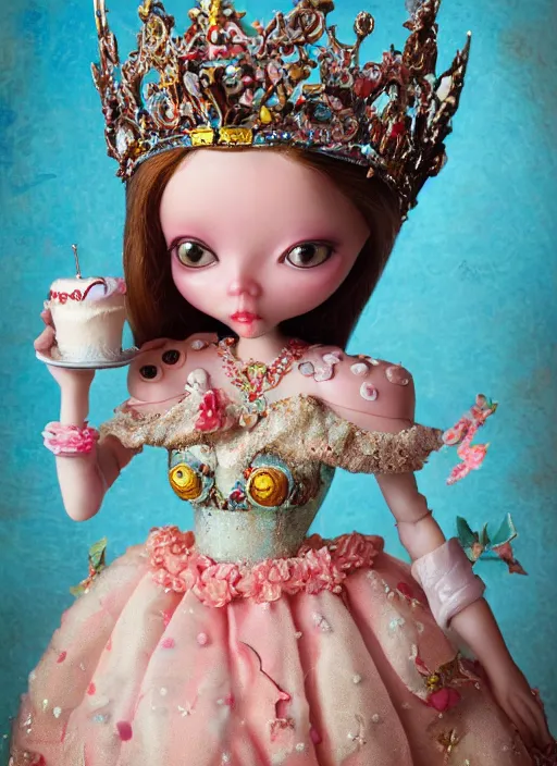 Image similar to closeup face profile portrait of tin toy fairytale princess wearing a crown eating cakes, bikini, depth of field, zeiss lens, detailed, symmetrical, centered, fashion photoshoot, by nicoletta ceccoli, mark ryden, lostfish, breathtaking, 8 k resolution, extremely detailed, beautiful, establishing shot, artistic, hyperrealistic, octane render