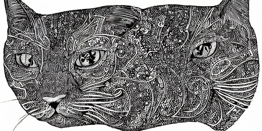 Image similar to cat doodle by visoth kakvei, black and white intricate detailed black ink illustration, sharp, charcoal art