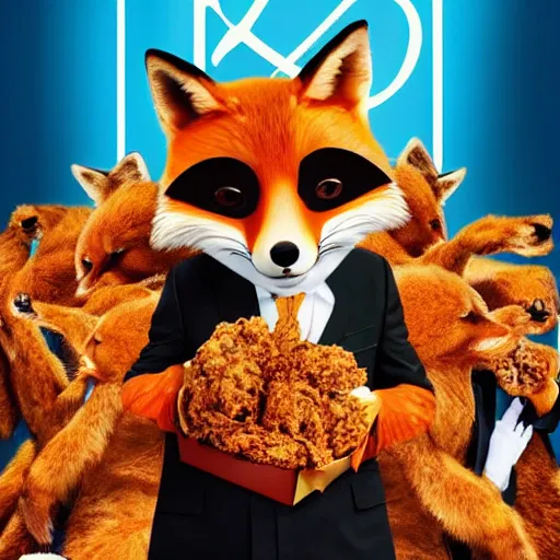 Image similar to movie poster featuring an anthropomorphic fox wearing a black suit, fried chicken in the background, promotional media