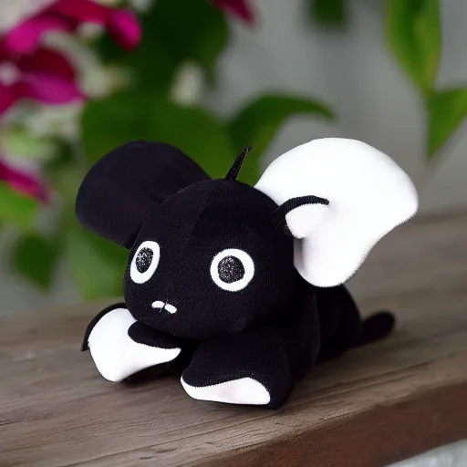 Prompt: cute fumo chibi plush bug imp, black and white with ribbon hearts, soft shadow, vray