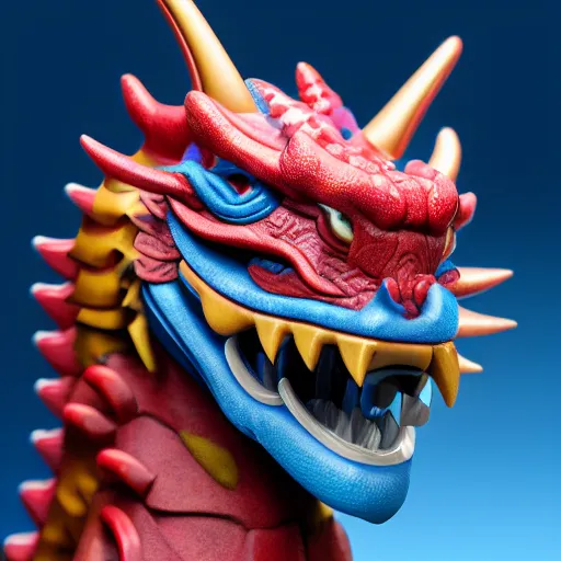 Prompt: closeup 3 d toy chinese bestiary dragon as funco toy, war cry, plastic, sss, octane 4 k render, studio lighting, artstation, cyan photographic backdrop, 1 0 5 mm, f 2. 8 aperture