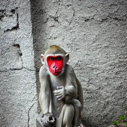 Image similar to a monkey made of stone, with glowing red eyes