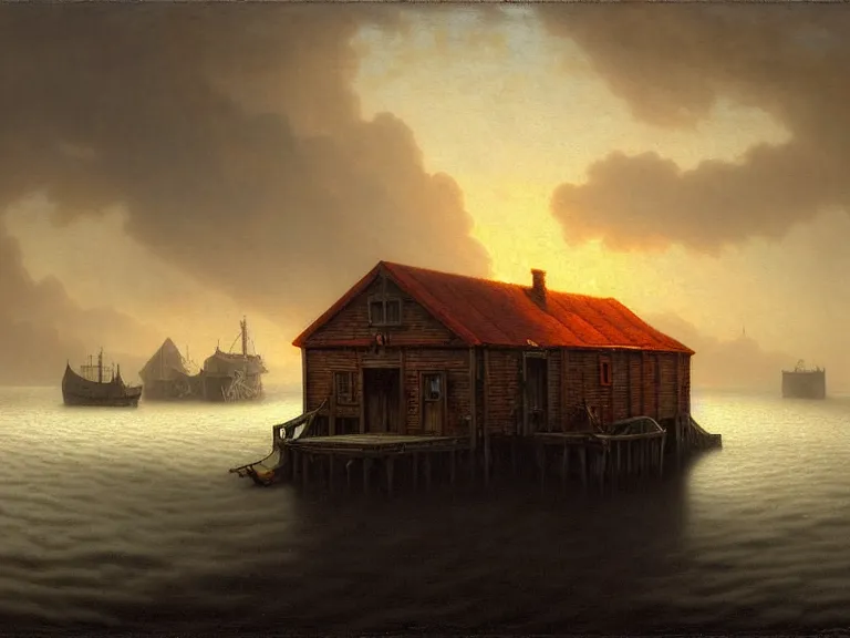 Image similar to a forgotten wharf on a cold sea by rob gonsalves and roberto ferri and julie bell and ruth deckard and hubert robert, crisp details, hyperrealism, high detail, high contrast, low light, grey mist, cobblestones, orange candle flames