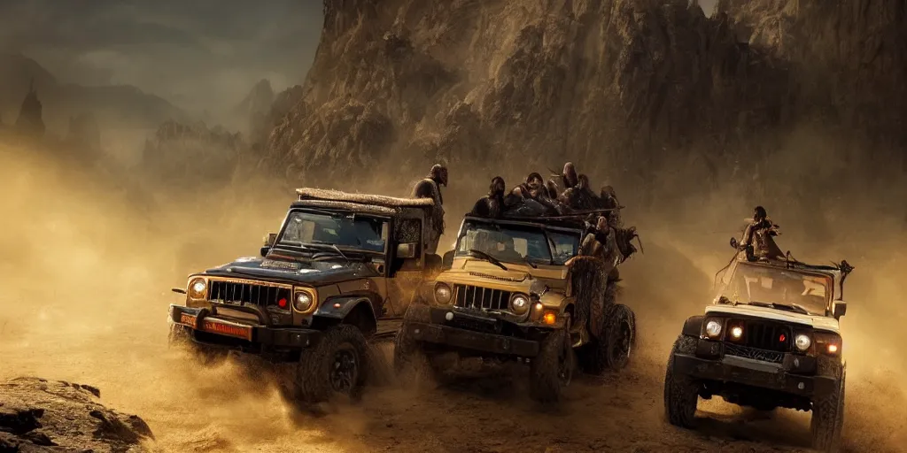 Prompt: Mahindra thar, tribe members attacking, action scene, an epic fantasy, dramatic lighting, cinematic, establishing shot, extremely high detail, photorealistic, cinematic lighting, artstation, by christopher nolan, shadow of the tomb rider