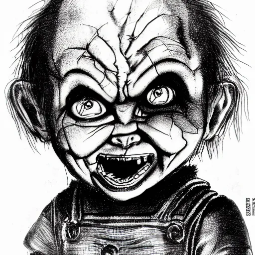 Prompt: drawing of chucky by judson huss and henriette grindat and albrecht durer | horror themed | creepy