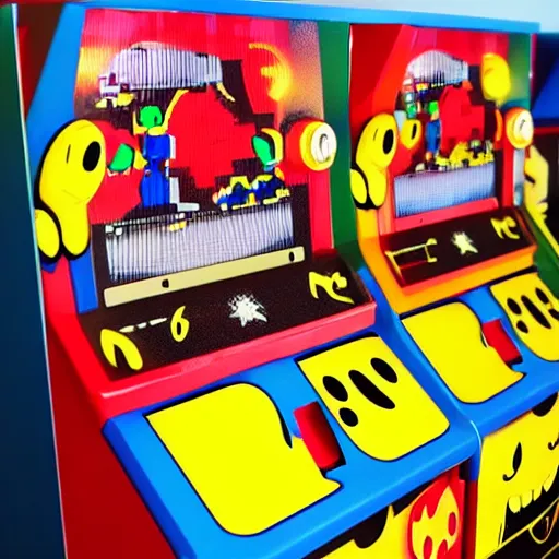 Image similar to pac - man game cabinet in the style of anime, over head view, pac - man colors. anime characters, ghosts, dots