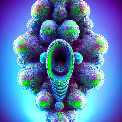 Image similar to 3 d fractal growing to complexity from simplicity from an african neon shamans afro, art by machina infinitum, infinite intricacy, fractal dimensions, rendered in octane, mandelbulb 3 d, ambient occlusion, macro photography, black opal