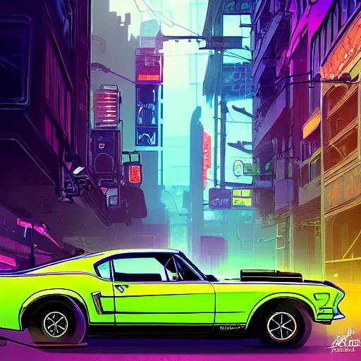 Image similar to a detailed render of a neon colored batmobile in a 1 9 6 7 ford mustang fastback, vector art, art by artgerm and greg rutkowski and alphonse mucha, cyberpunk city, rainy city streets, god rays, intricate detail, cinematic, 8 k, cel shaded, unreal engine, featured on artstation, pixiv