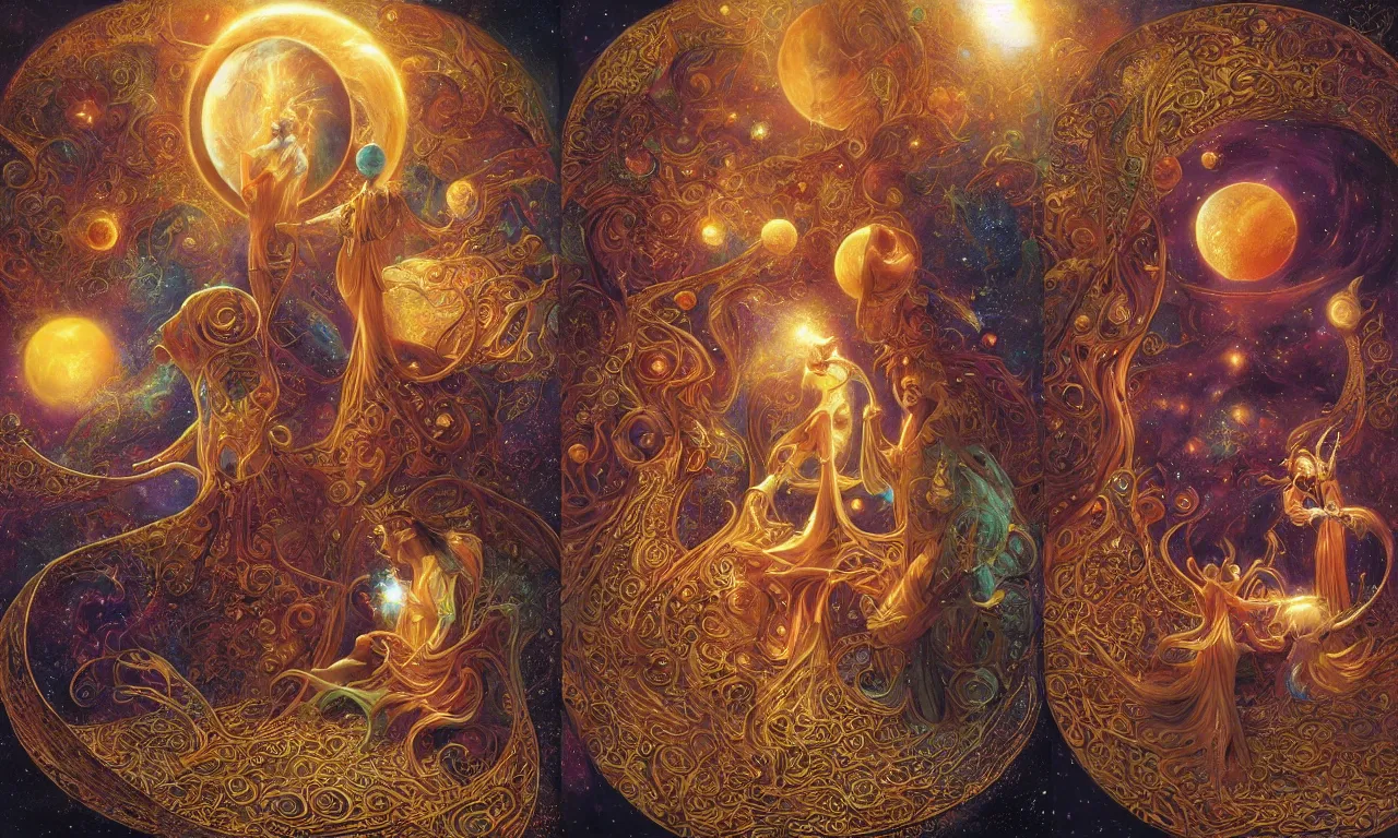 Image similar to sun king and moon queen in the cosmic court of mystical astronomy, art by james c. christensen and marc simonetti