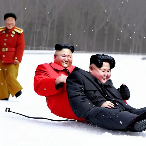 Image similar to kim jong - un sledding down a hill made out of poutine, shredded cheese falling from the sky,