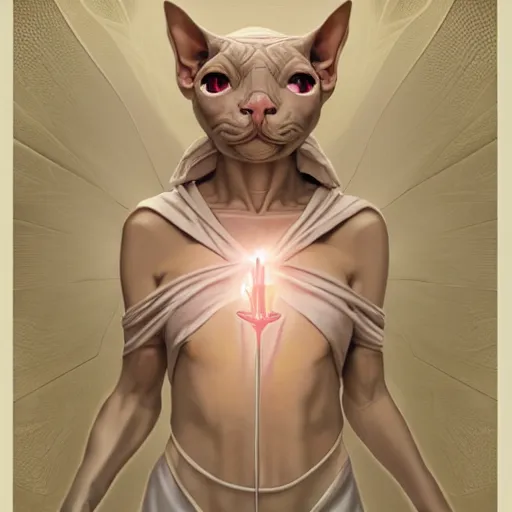 Image similar to godlike sphynx cat, animal sphynx cat, anthropomorphic sphynx cat, deity, holy robes, holy light aura, ultra details, art by artgerm, dwayne barlowe, trending on artstation and greg rutkowski and alphonse mucha, 8 k