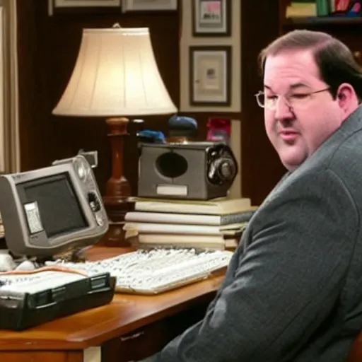 Image similar to Kevin Malone sitting at his desk, a small radio is sitting on top of the desk