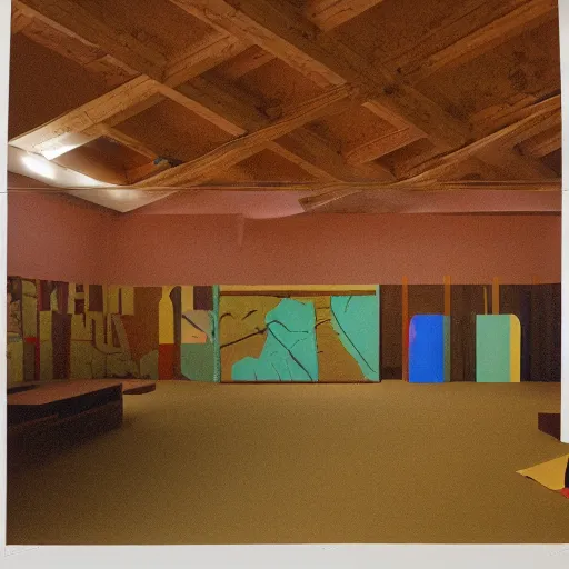 Image similar to a photographic three color screen print of an exhibition room with an arrangement of elements, anthropological conceptual object, tribalism, animism, grain, shades