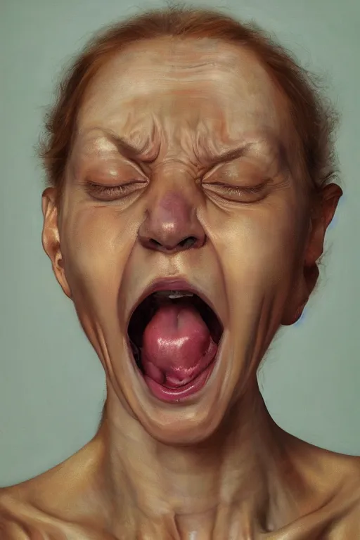 Prompt: beautiful oil painting portrait of screaming woman face by vanessa beecroft, rembrandt, complex, stunning, realistic skin color, 4 k, high res, awardwinning, masterpiece, realistic lighting