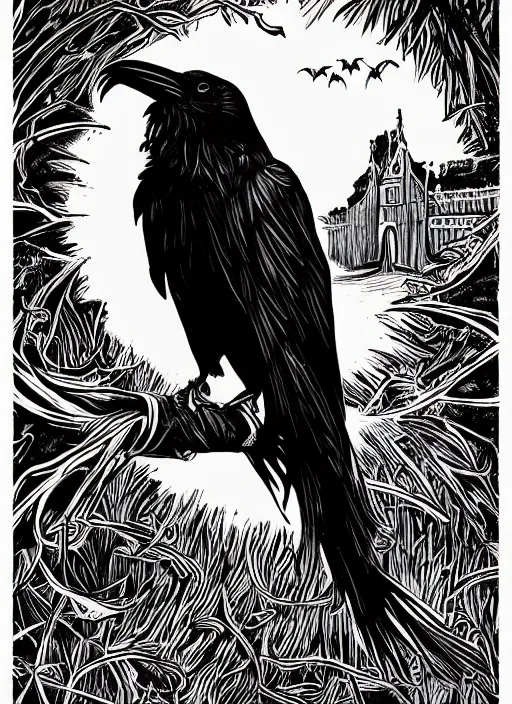 Image similar to cry for dawn cover depicting a raven by joseph michael lisner, masterpiece ink illustration,