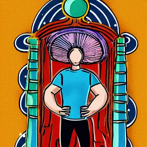 Prompt: man holding scales, tower, ring, archway, gate, geometric, tarot card style, intricate, full color