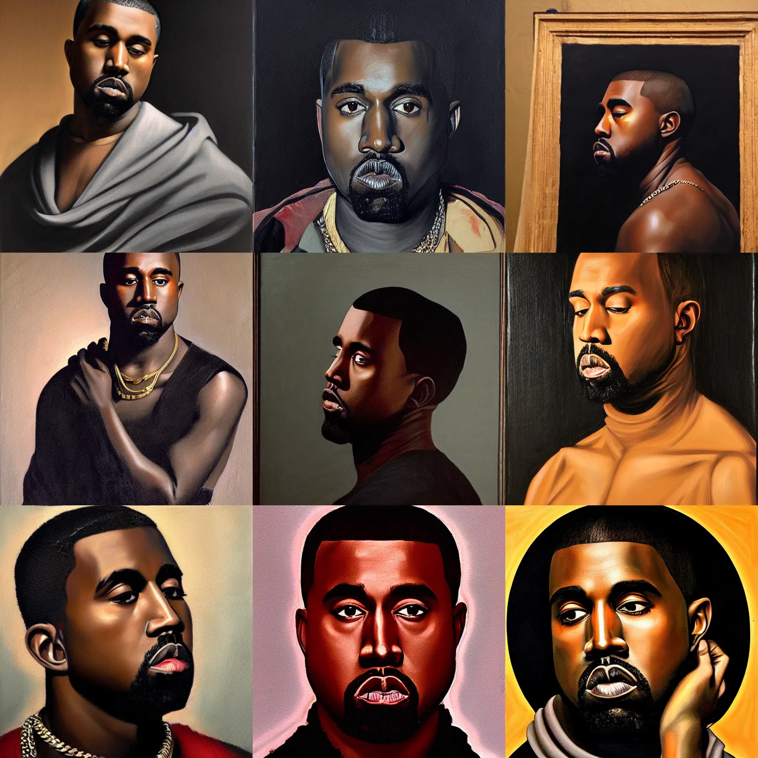 Prompt: a tenebrism painting of kanye west by caravaggio