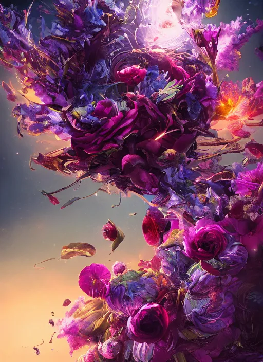 Image similar to An epic fantastic realism comic book style painting of the most beautiful entwined flowers launched gracefully across the dark spinning universe, tornado of bouquets, fisheye, unreal 5, DAZ, hyperrealistic, octane render, dynamic lighting