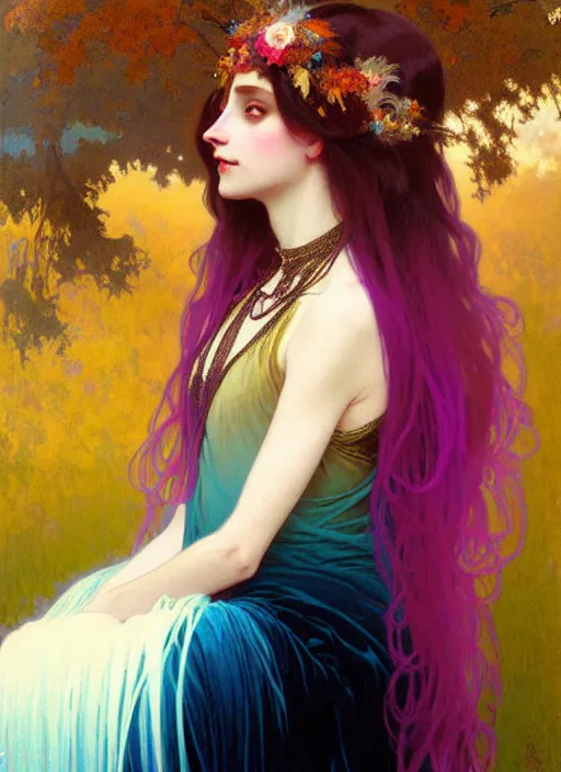 Image similar to ombre velvet gown, feathers, vivid colors, lovely dark autumn princess, portrait, long hair, tiara, jeweled choker, by alphonse mucha, brom, greg rutkowski, anato finnstark